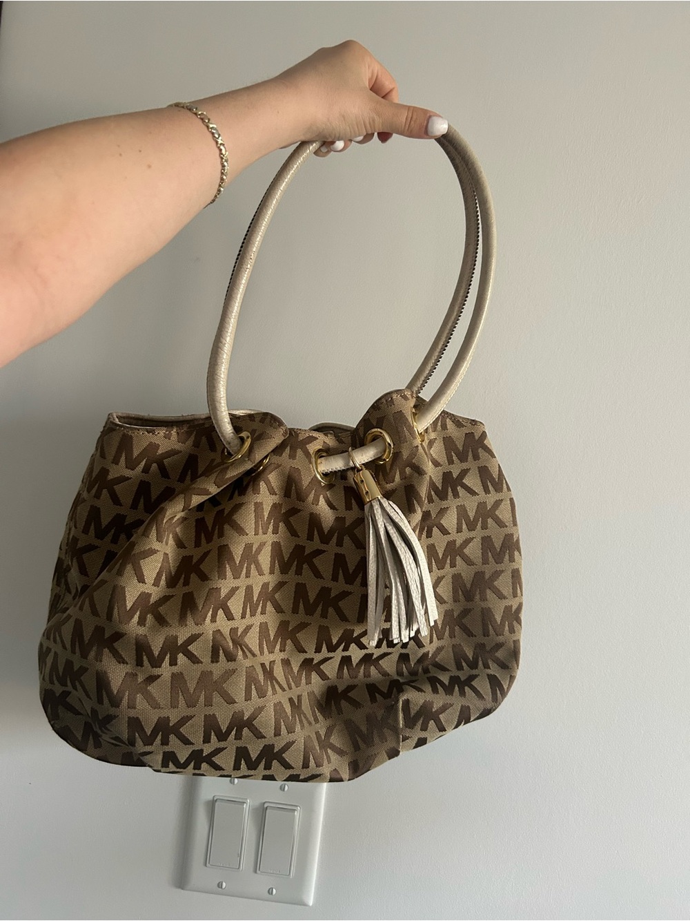 Michael Kors Brown Logo Hobo with Cream Handles and Tassel